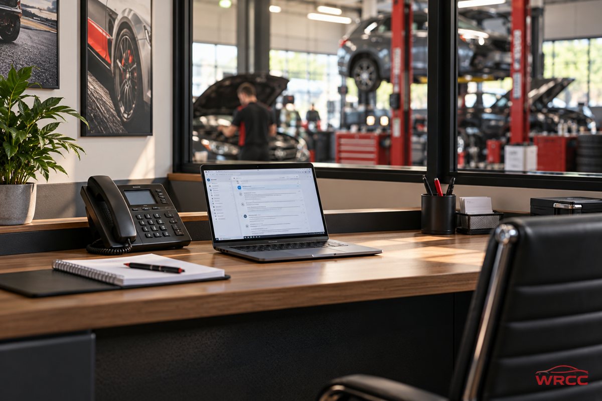Generated illustration of a garage reception telephone and email laptop, with WRCC watermark