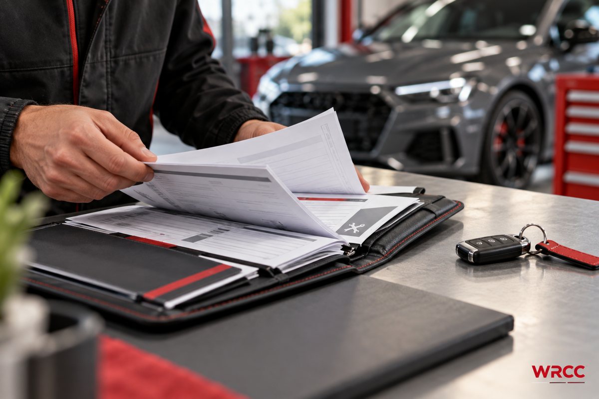 Generated illustration of organised vehicle service records and car keys, with WRCC watermark
