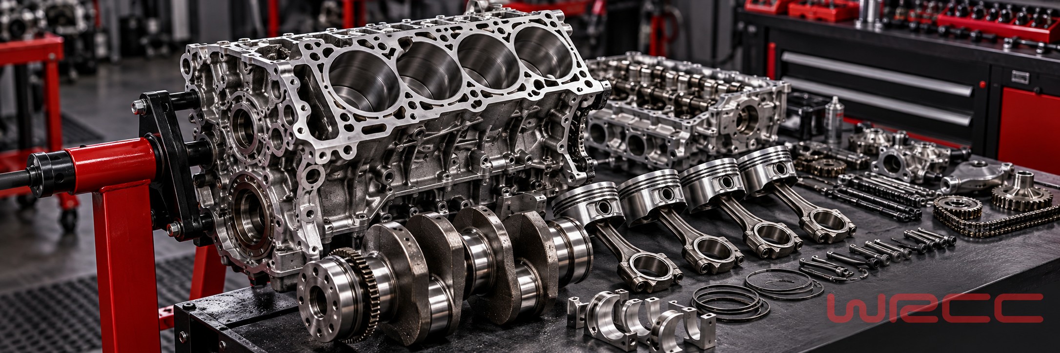 Engine repairs: illustrative engine rebuild components with a WRCC watermark