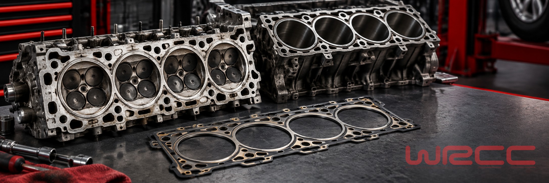 engine repairs: cylinder head and gasket components illustration with WRCC watermark