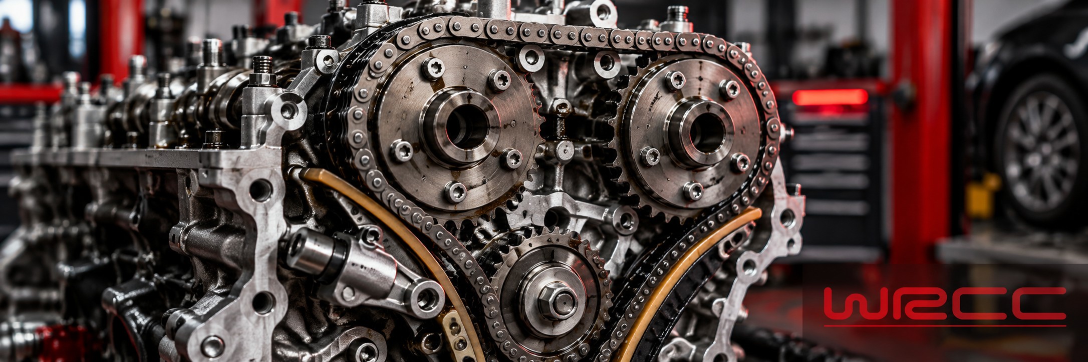 engine repairs: timing chain and sprocket assembly illustration with WRCC watermark